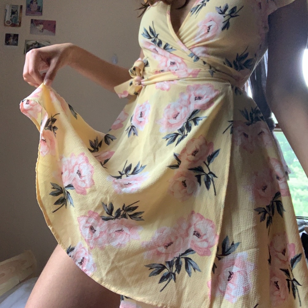 Pastel floral yellow wrap dress